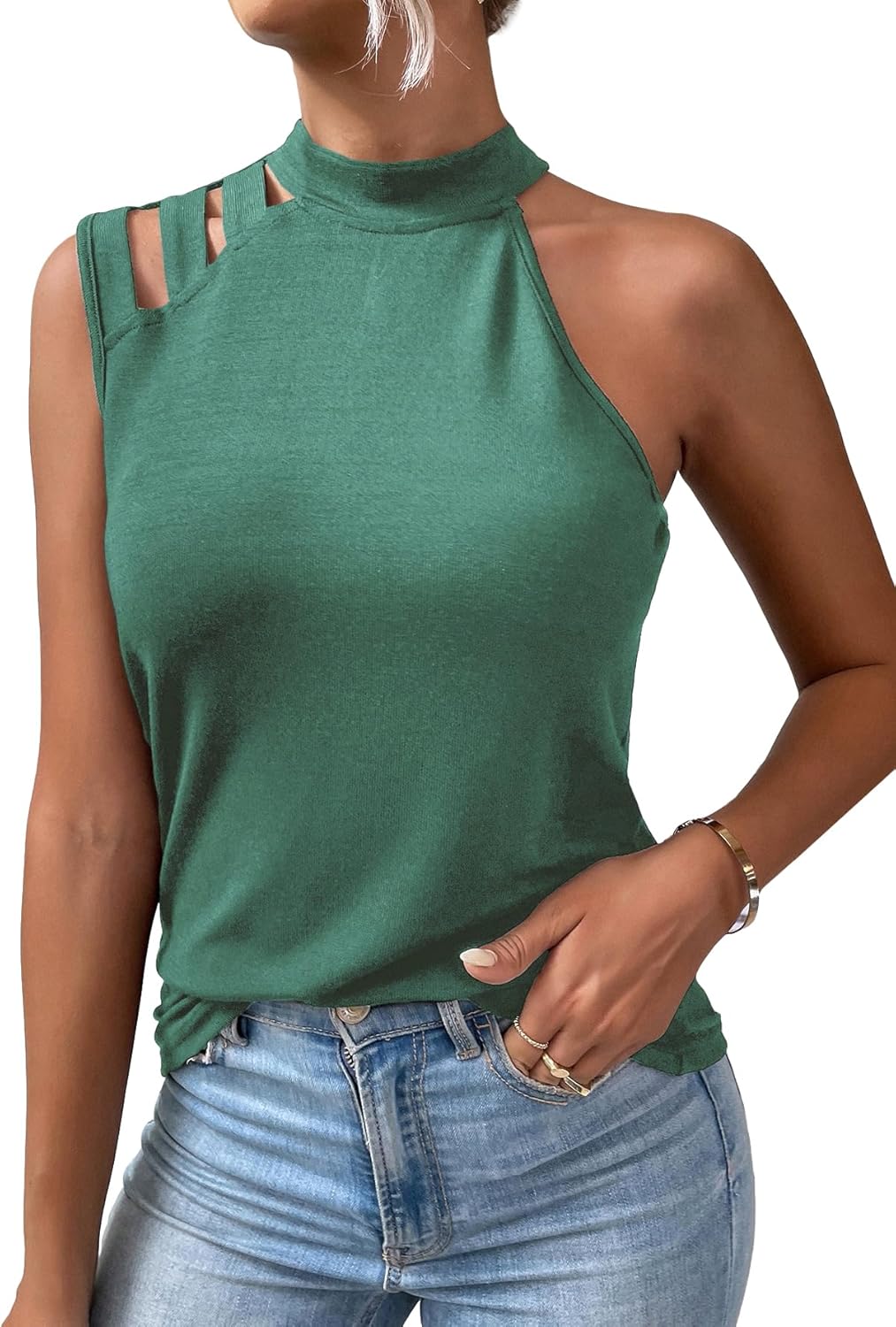 Floerns Women's Cut Out Mock Neck Asymmetrical Sleeveless Casual Tank Top X-Small Green