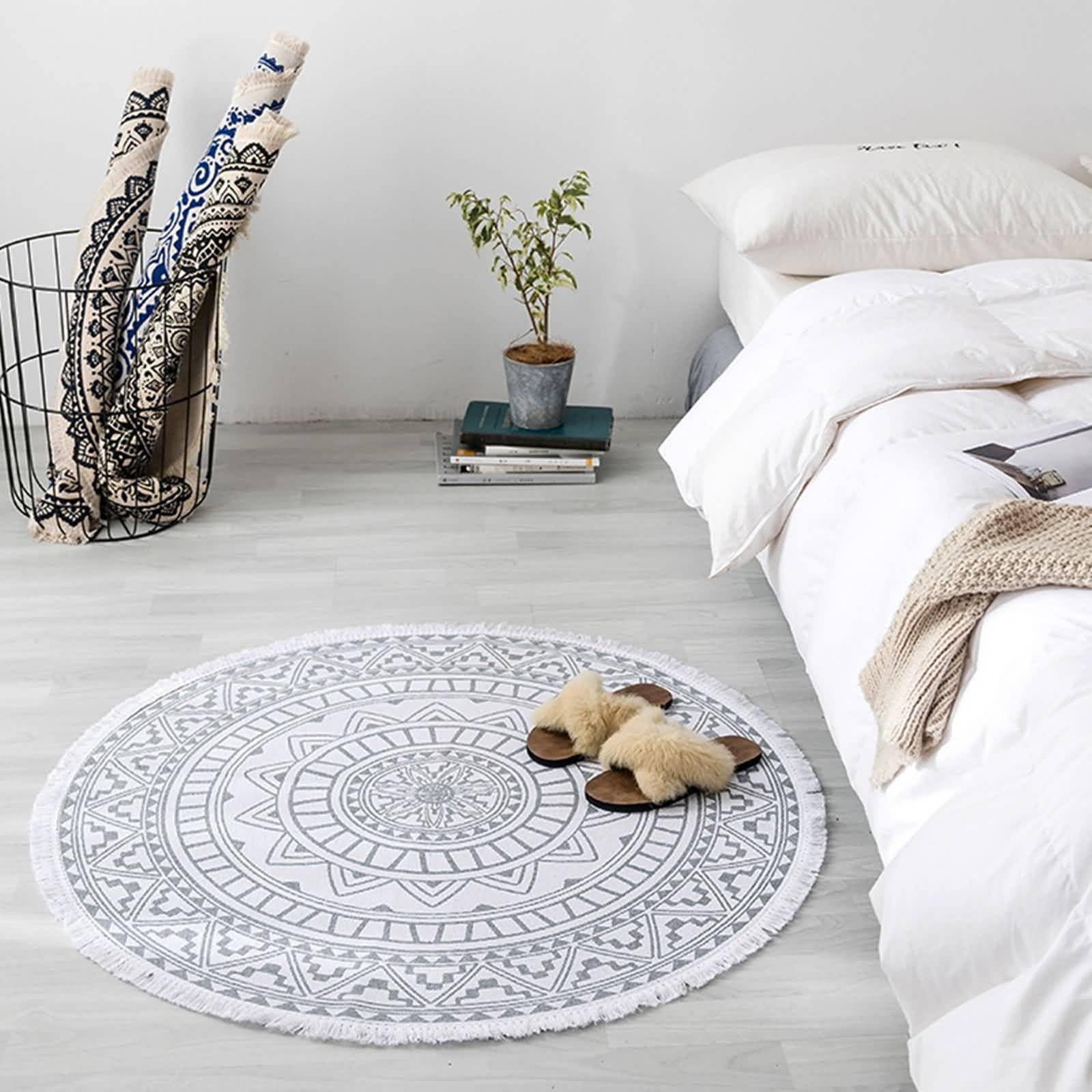 Teppich Rund Kinderzimmer Mädchen 180 cm, Flur Teppiche Leinen Baumwolle, Mandala Muster mit Quasten, Wohnzimmer Teppich Hellgrau