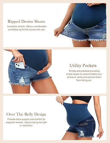 Miniatura 2 de HOFISH Pantalones cortos elásticos de maternidad para mujer, sobre el vientre, cómodos, pantalones cortos de mezclilla, pantalones cortos casuales