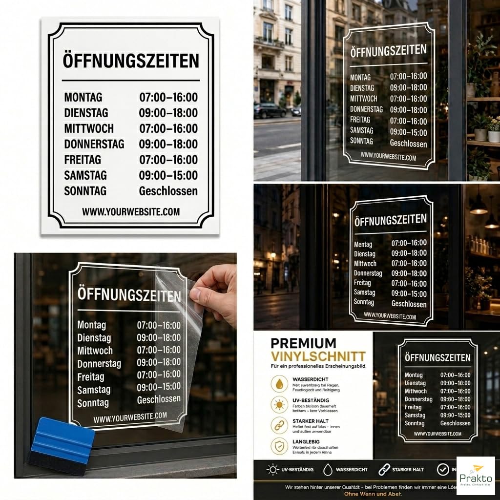 Öffnungszeiten Aufkleber Schaufenster mit Rahmen 23x30 cm – Wunschtext Fensterfolie Schaufensterbeschriftung – wetterfest weiß für Glastür Geschäft Laden – Made in Switzerland
