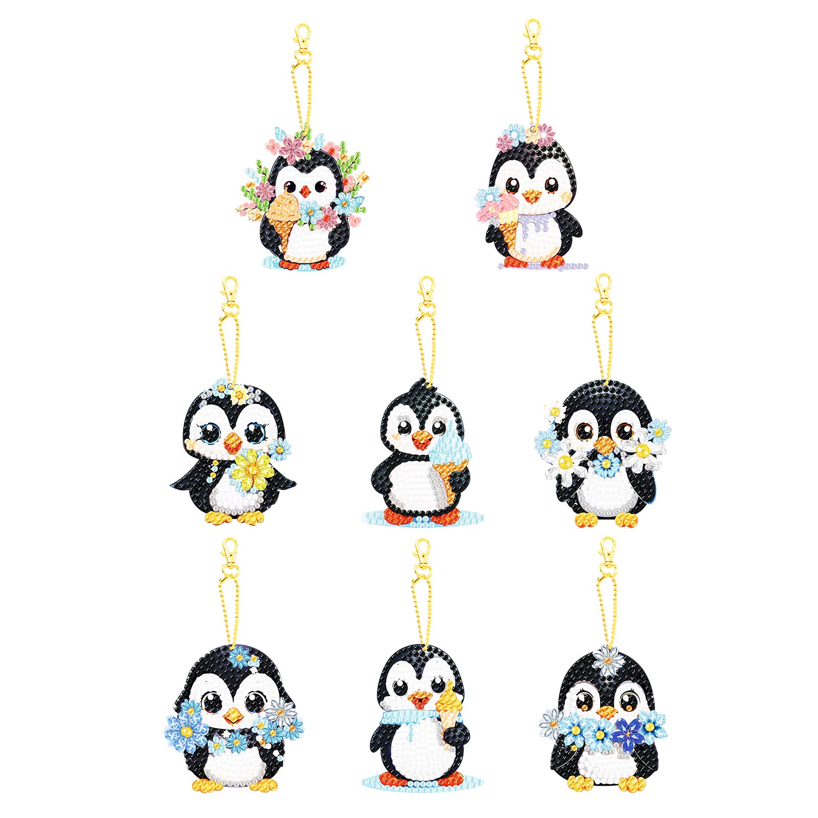 Fadcaer 8 Pcs DIY Diamond Keychains - Penguin Shaped Double Sided Full Drill Art Key Chain Painting Keyrings for Purse, Backpack, Handbag Decor
