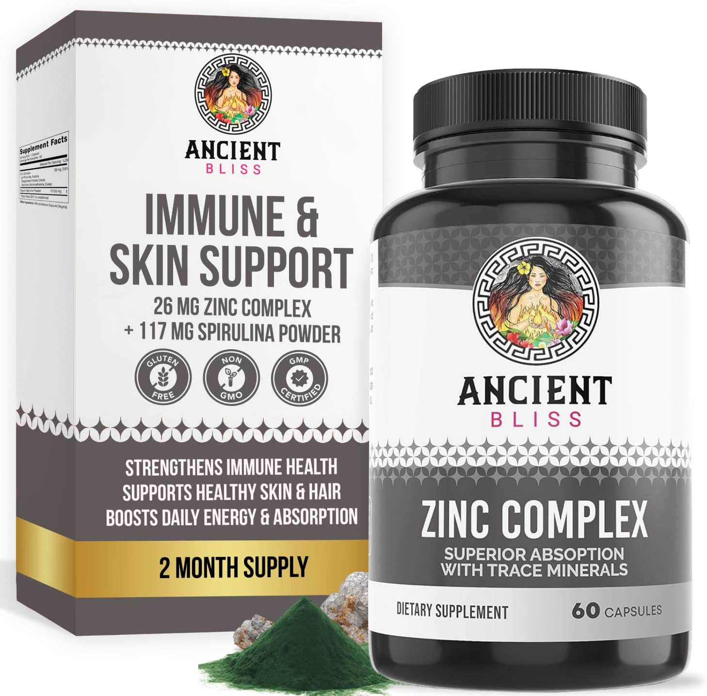 Zinc Complex Capsules with Enhanced Absorption, Antioxidant & Immune Support Supplement, Zinc Supplement for Men & Women by Ancient Bliss (60 Capsules)