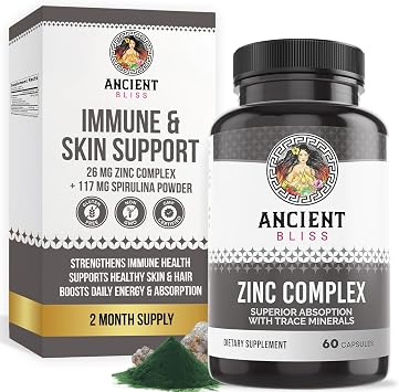 Zinc Complex Capsules with Enhanced Absorption, Antioxidant & Immune Support Supplement, Zinc Supplement for Men & Women by Ancient Bliss 60 Capsules