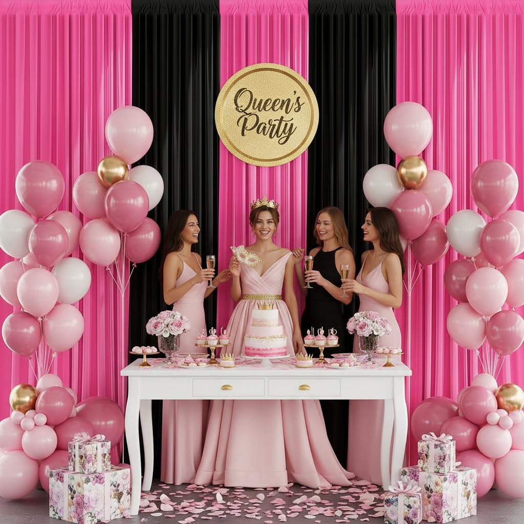 10x7FT Black and Pink Backdrop Curtain – Barbie Style Girl Birthday Party Background, Baby Girl Shower Photo Booth Backdrop, Wrinkle Free Studio Decor