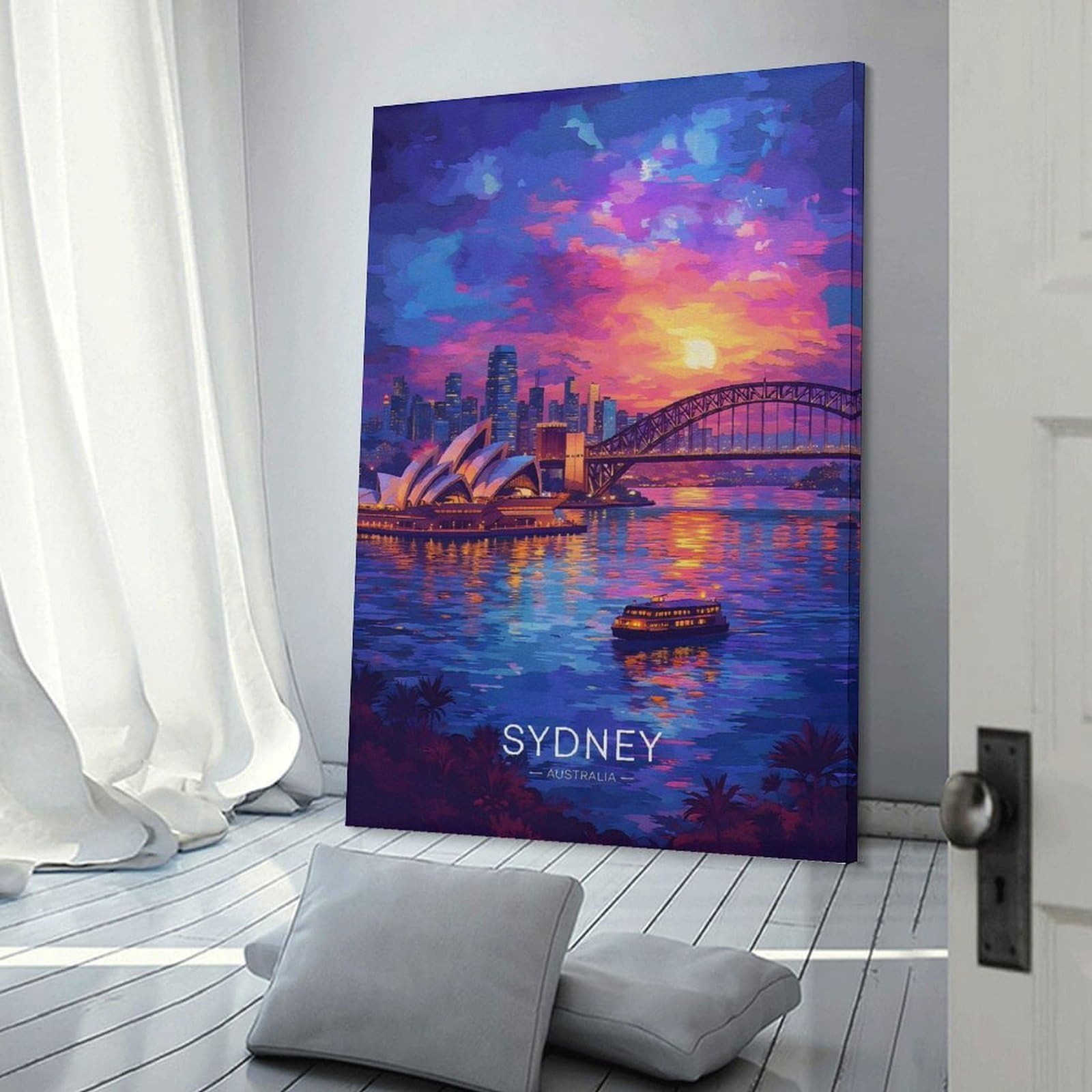 Junmoney Frame-Style-20-1 Wall Picture Print Sydney Opera House And Harbour Bridge At Sunset, 24X36inch(60X90cm), For Contemporary Homes, Apartments Or Offices, Decorative Canvas Decor For Home Updates