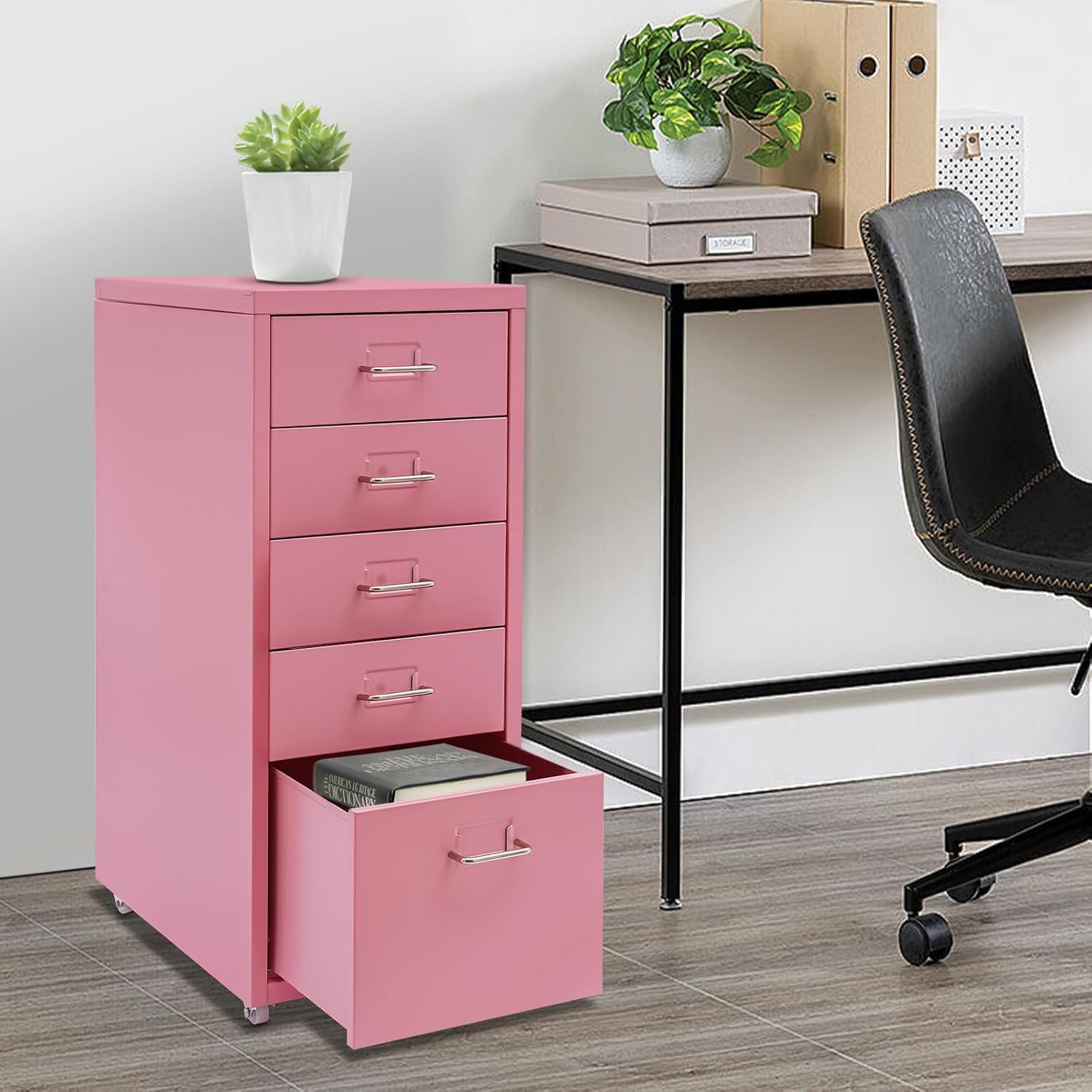 Metal File Storage Cabinet, 5 Drawer Under Desk Filing Cabinets with Wheels, Mobile Home Office Furniture for A4 Legal/Letter Size Wide File-Assembly Required (Pink)