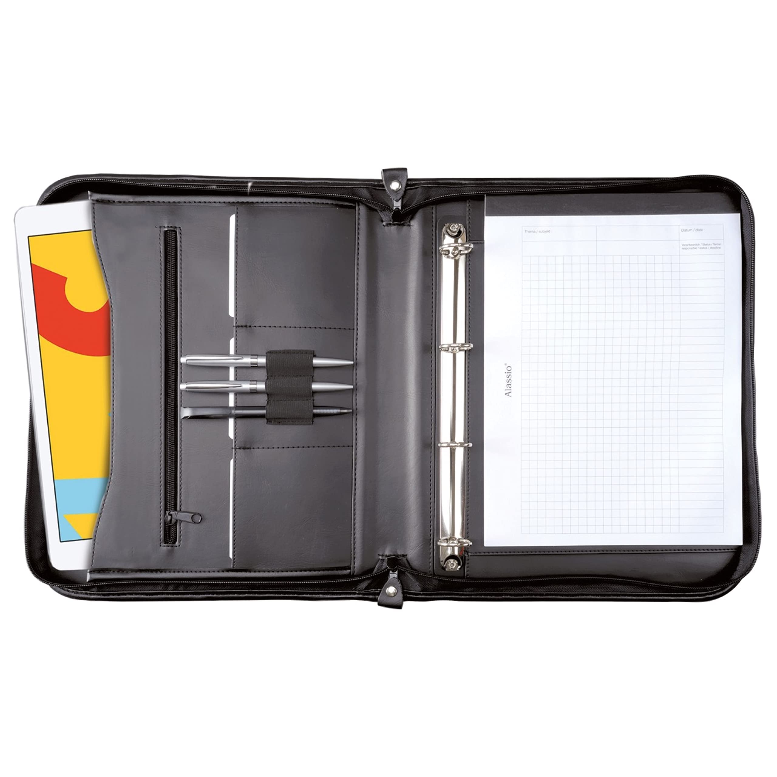 Alassio 30014 - Carpeta de anillas Limone, DIN A4, de piel negra, aprox. 36 × 28,5 × 4 cm