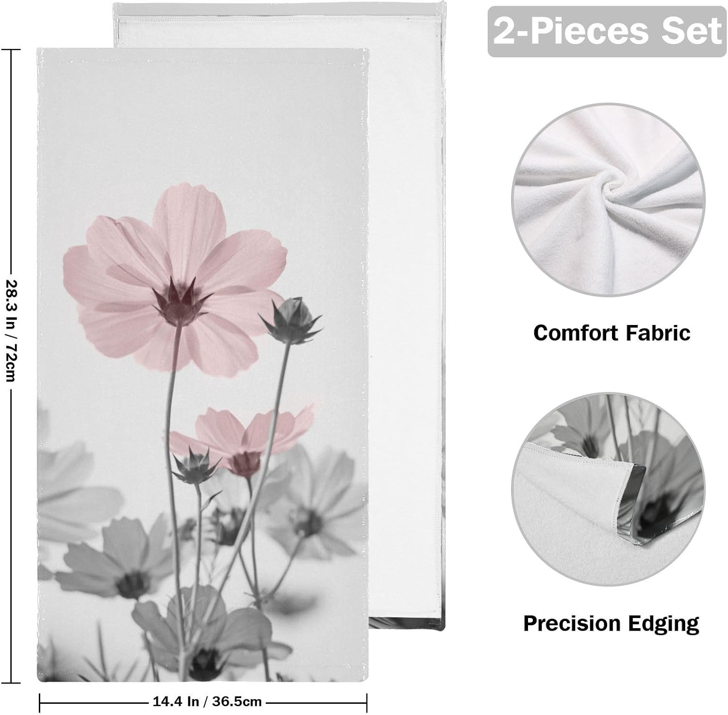 2 Pack Pink and Grey Floral Hand Towels for Bathroom,Absorbent Fingertip Guest Chic Flower Daisy Decorative Bath Towels,Soft Vintage Blak Gray Branch Dish Towels for Kitchen Decor 14"x28"