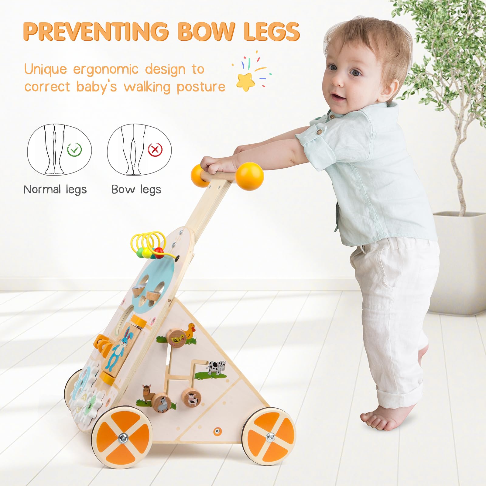 Jacootoys Activité Walker en Bois, Vitesse réglable Bambin Push Walker Activity Center Toy, Baby Walker en Bois Push et Pull Learning Walker pour garçons Filles 1 2 3 Ans