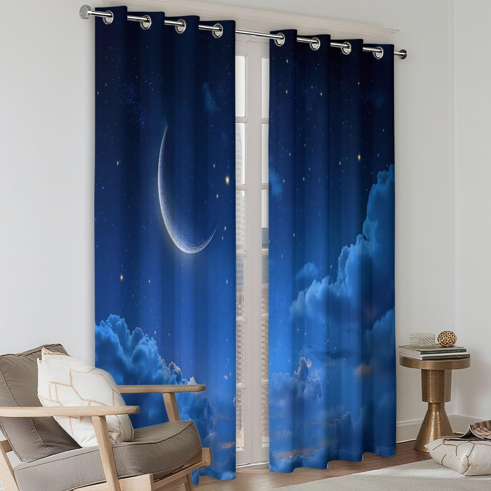 Rideau Occultant Bleu, Ciel Étoilé Croissant Nuages Rideaux à Oeillets, Rideau Thermique Isolant Anti Froid et Chaleur pour Salon Chambre Chambre D'enfants Fenetre Décoration 92L x 214H cm Lot de 2