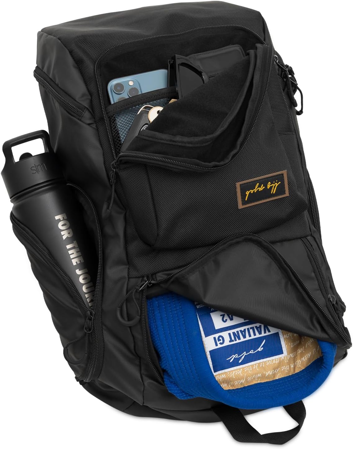 Gold BJJ Jiu Jitsu Backpack - Heavy Duty Gym Bag with Waterproof Gi Pocket Black