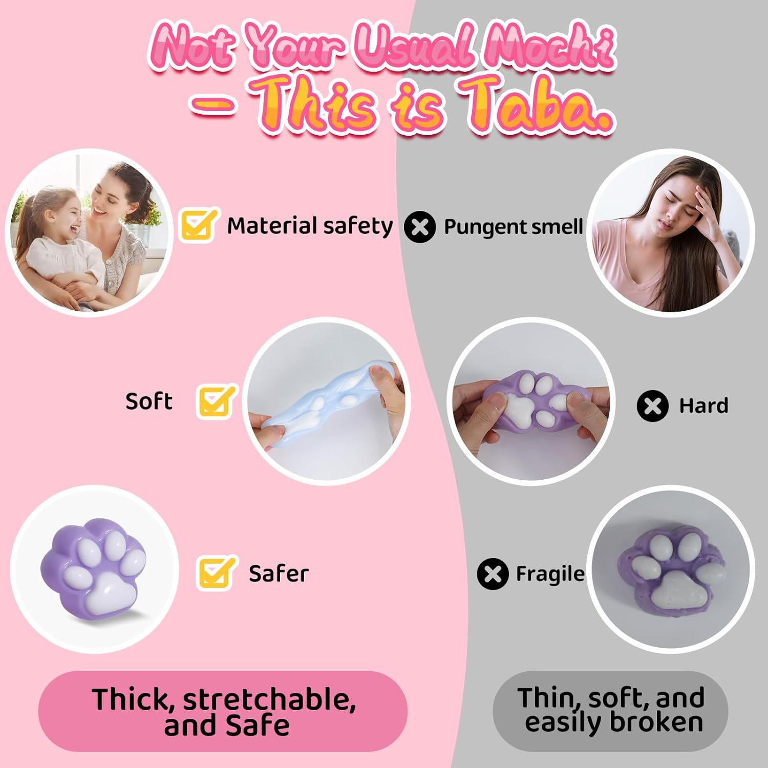 Taba Squishy Paw Gift Box, Cat Paw Squeeze Toys, Handmade Cute FuFu Squishies, Sticky Squishy Cat Paw Fur Ball, Stretchable Springy Fur Toys, Party Favor Fidget Toys for Gift, Kids-Purple&White