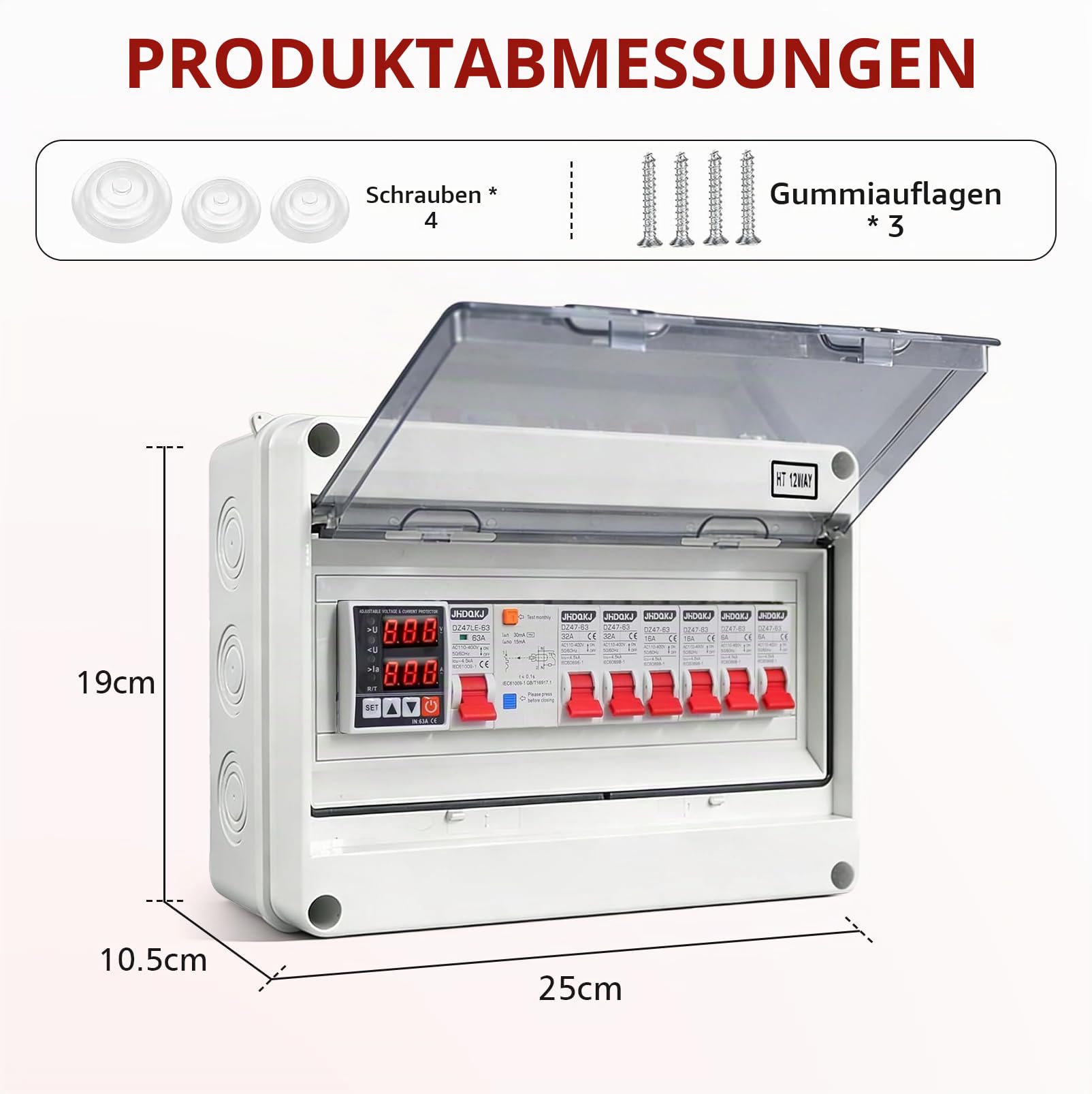 Sicherungskasten Aufputz IP65 mit FI-Schutzschalter, 6-fach Verteiler | Mit Überspannungsschutz, 2×32A, 2×16A, 2×6A AC-Trennschalter, ideal für Werkstatt, Garage und Wohnmobile