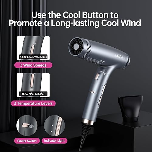 Miniatura 3 de Secador de pelo profesional con potente motor sin escobillas, ligero y plegable doble iónico, alta velocidad para secado rápido con boquilla