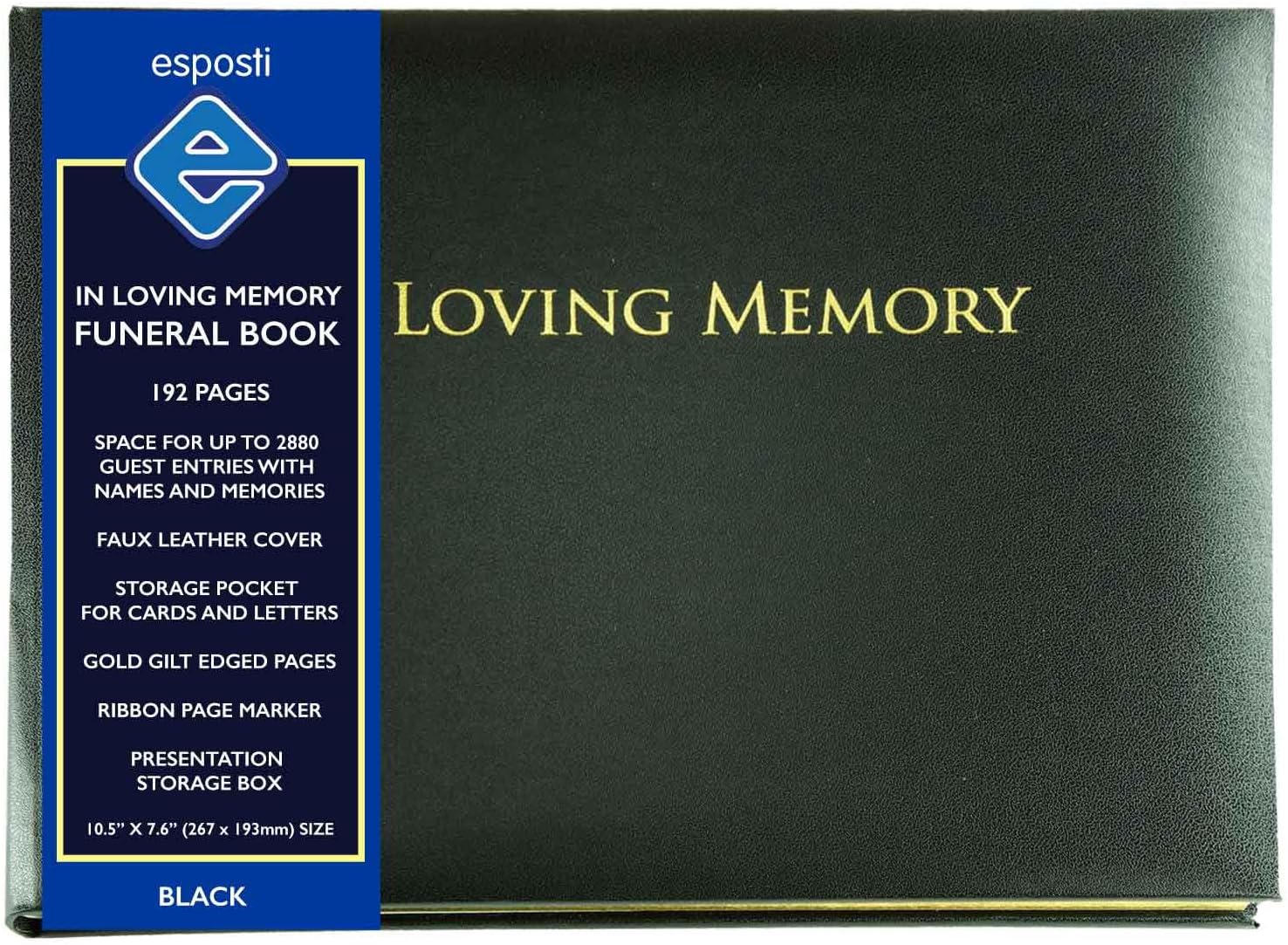 Esposti In Loving Memory Funeral Guest Book, 10.5 x 7.6 Inch, Black, 2880 Inner Pages, Gold Gilt Edged Pages, Presentation Box