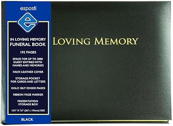 Esposti In Loving Memory Funeral Guest Book, 10.5 x 7.6 Inch, Black, 2880 Inner Pages, Gold Gilt Edged Pages, Presentation Box