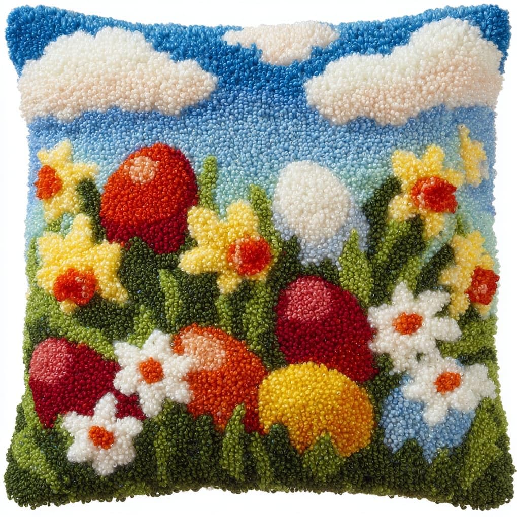 WallustrioaW Latch Hook Pillow Cover Kit,Easter Eggs in the Flower Bushes