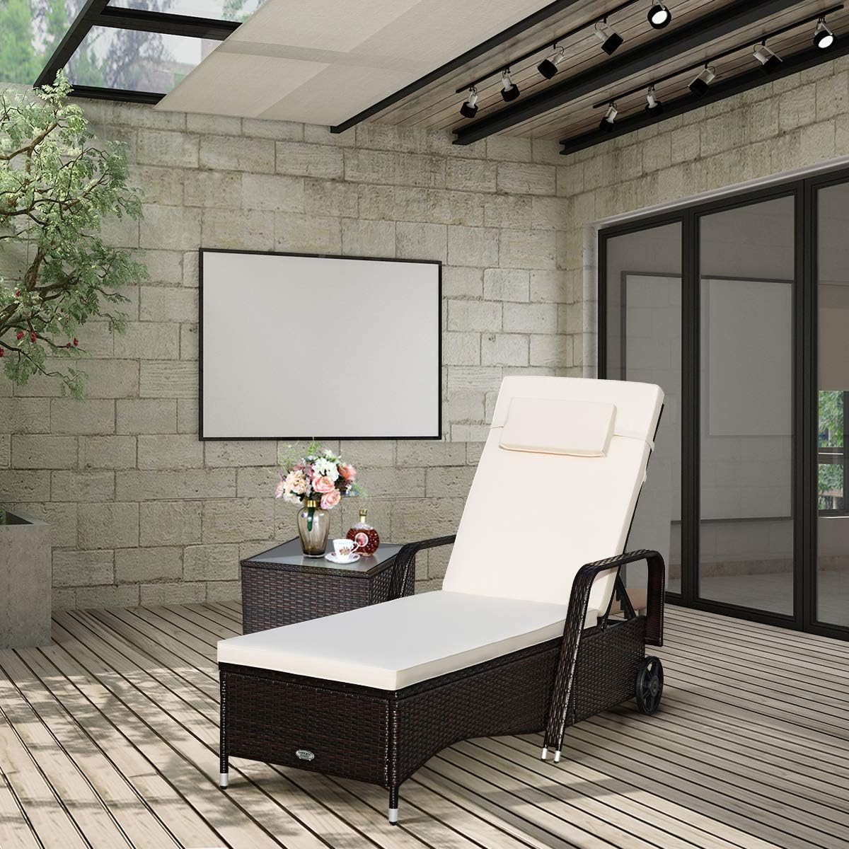 Tangkula Patio Chaise with Wheels, 6 Positions Adjustable Outdoor Lounger Chair with Steel Frame, Mix Brown Weaving Rattan, Cushion and Head Pillow, Suitable for Poolside, Balcony and Garden