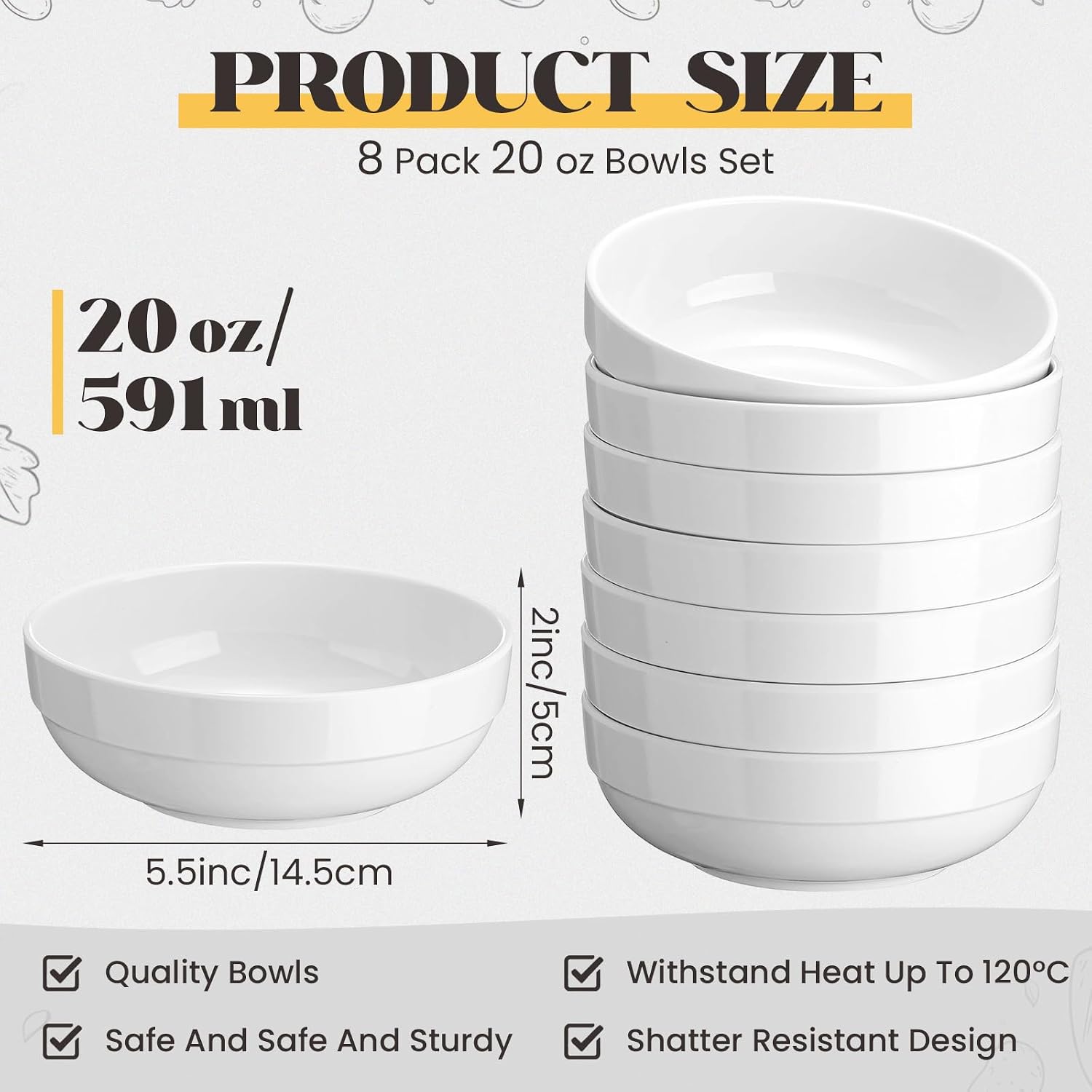 Tioncy 8 Pcs Melamine Pasta Bowls 20 oz White Salad Serving Bowls 5.5 Inches Plastic Dinner Deep Plates for Soup, Pasta, Noodle, Dinner, Weddings Everyday Meals Dishwasher Safe, Not Microwave Safe