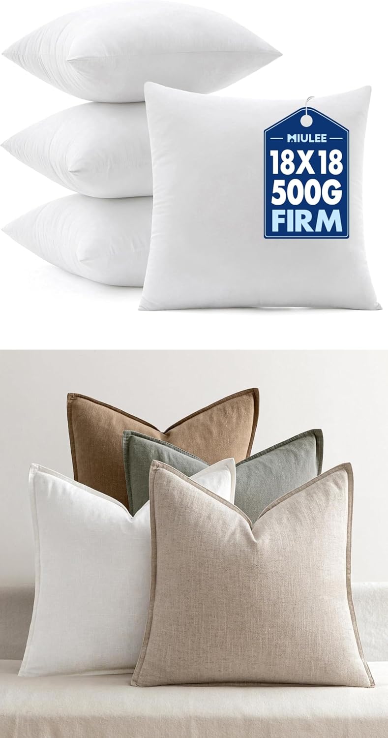 MIULEE 18x18 Inch Pack of 4 Pillows Inserts,100% Virgin Microfiber Filling Bundle Neutral Linen Pillow Covers