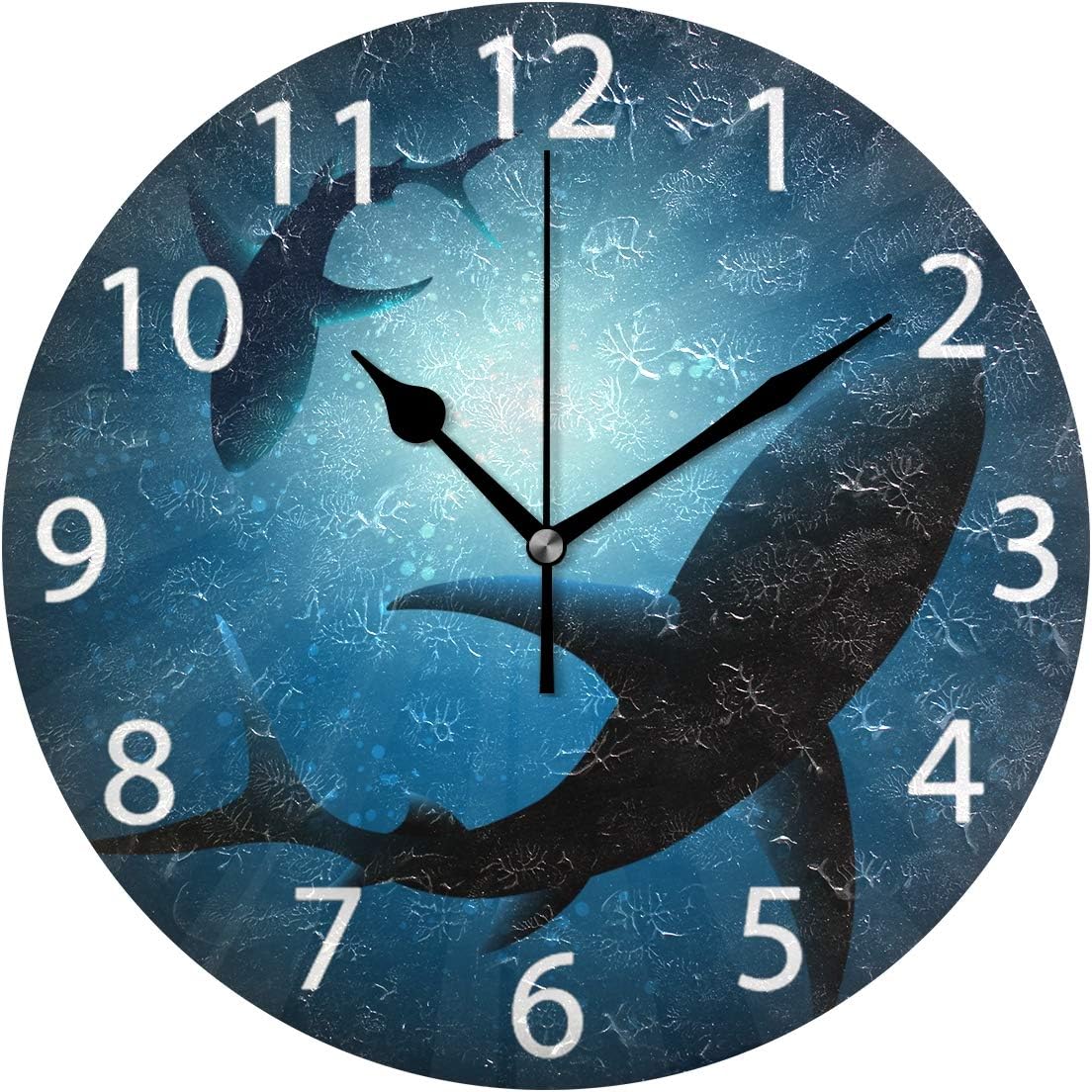 senya Sharks Under Water Round Wall Clock, Silent Non Ticking Oil Painting Decorative for Home Office School Clock Art