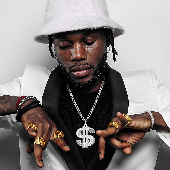 Romass 2 Pcs Dollar Necklace for Men,Gold/Silver Plated Chain for Men with Dollar Sign Pendant Necklaces, 80/90s Hip Hop Dollar Necklace Halloween Gifts