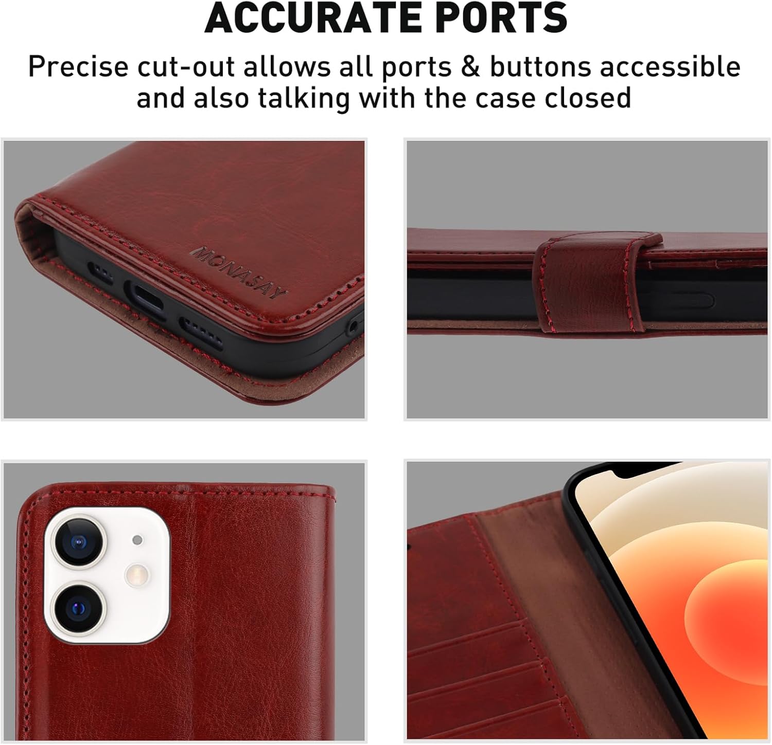 MONASAY Wallet Case Compatible for iPhone 11, 6.1-inch, [Glass Screen Protector Included] [RFID Blocking] Flip Folio Leather Cell Phone Cover with Credit Card Holder, Burgundy - Image 6