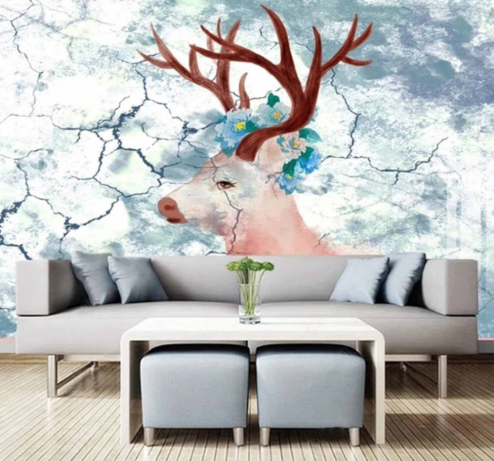 Wallpaper-3D-Xlm 200Cm×140Cm(B×H) Vintage Whitewashed Wall Hand Painted Moose Flowers 3D Wallpaper Easy Install Feature Office Living Room Sofa Bedroom Tv Background Wall Decoration-200Cm×140Cm
