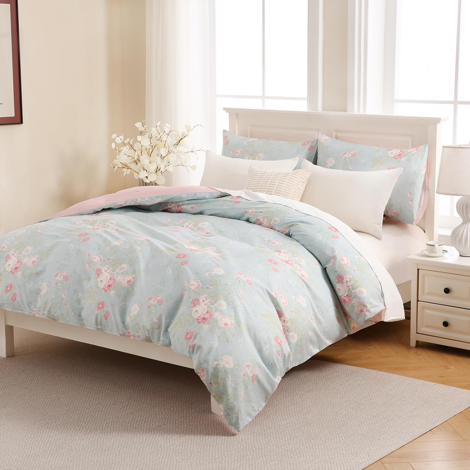 Zusbest Floral Duvet Cover King 100% Cotton Coquette Cottage Core Bedding Shabby -Chic Comforter Cover with Zipper, Soft Skin-Friendly Breathable, Blue Pink Rose Flower Print, 3 Pcs