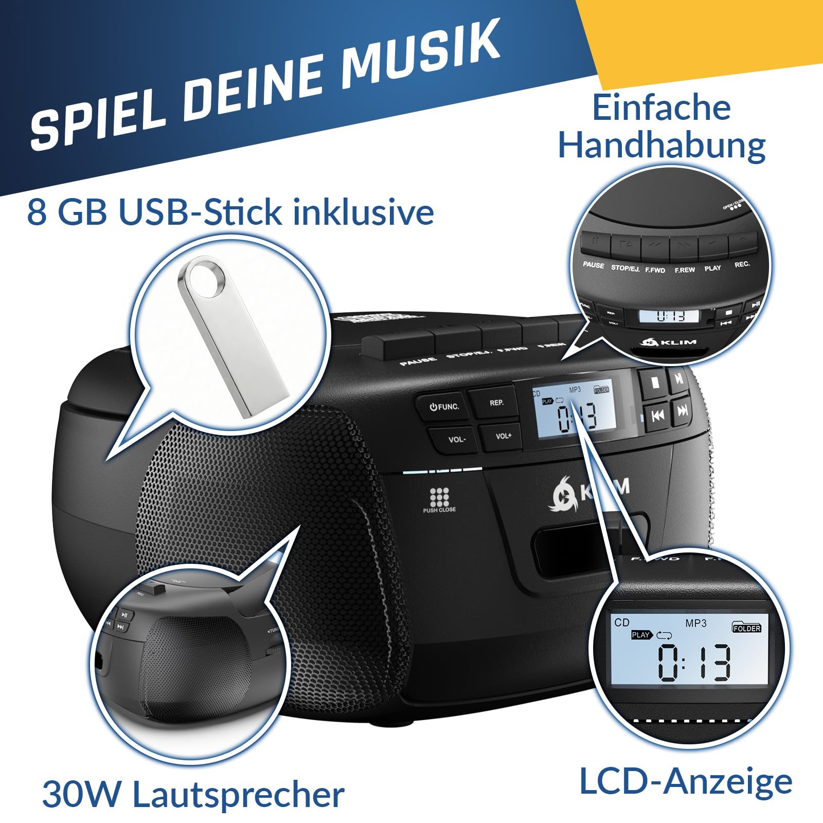 KLIM CD Player mit Kassette mit USB, Kassettenspieler, Kassettenrekorder, Radio mit CD und Kassette, CD Player mit Radio & Bluetooth, AM/FM Radio, Netz- und Batteriebetrieb