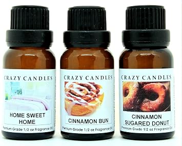 Crazy Candles 3 Bottles Set, 1 Home Sweet Home, 1 Cinnamon Bun, 1 Cinnamon Sugared Donut 1/2 Fl Oz Each 15ml Premium Grade Scented Fragrance Oils