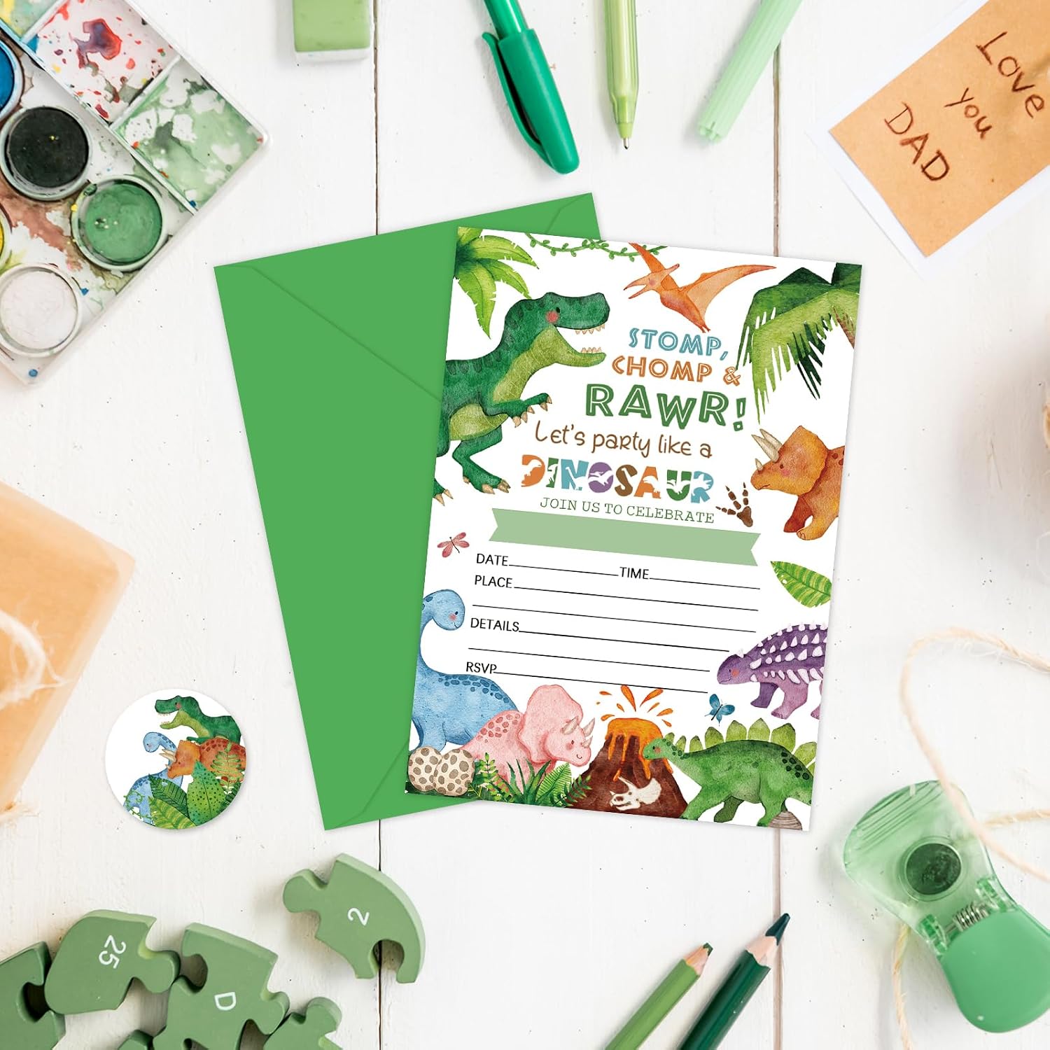 Whaline 25 Sets Dinosaur Birthday Invitation with Envelope Sticker Watercolor Green Jurassic Invitation Card Cute Blank Invites for Baby Shower Party, 5 x 7 Inch