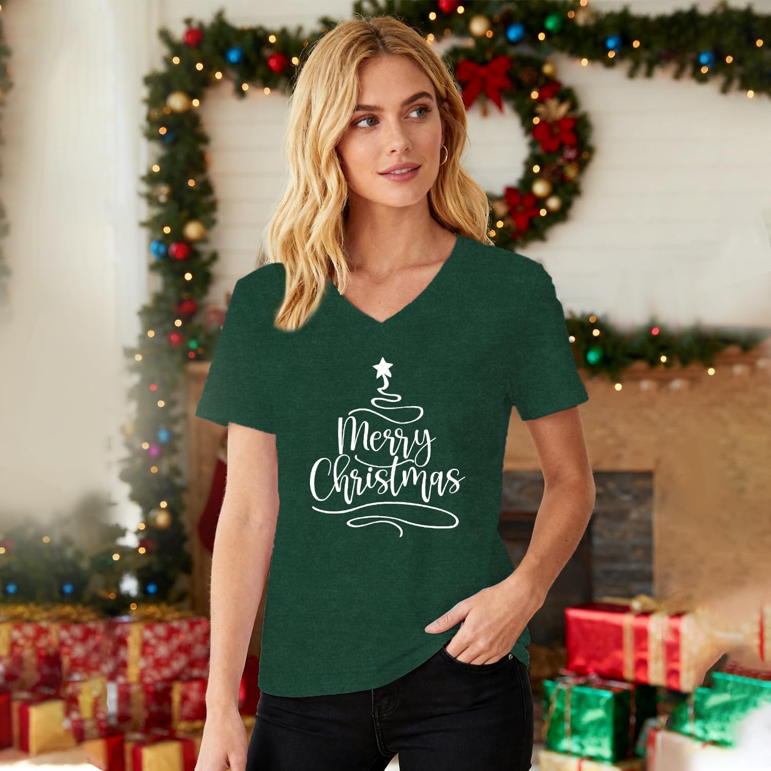 Christmas Shirts for Women V Neck Merry Christmas Letter Print T-Shirt Xmas Tree Tee Tops - Image 3