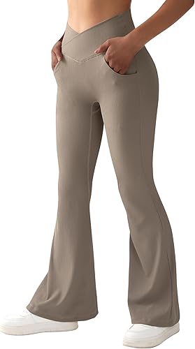 RUUHEE Pantalones de yoga cruzados acanalados para mujer con bolsillos, cintura alta, acampanados, leggings acampanados