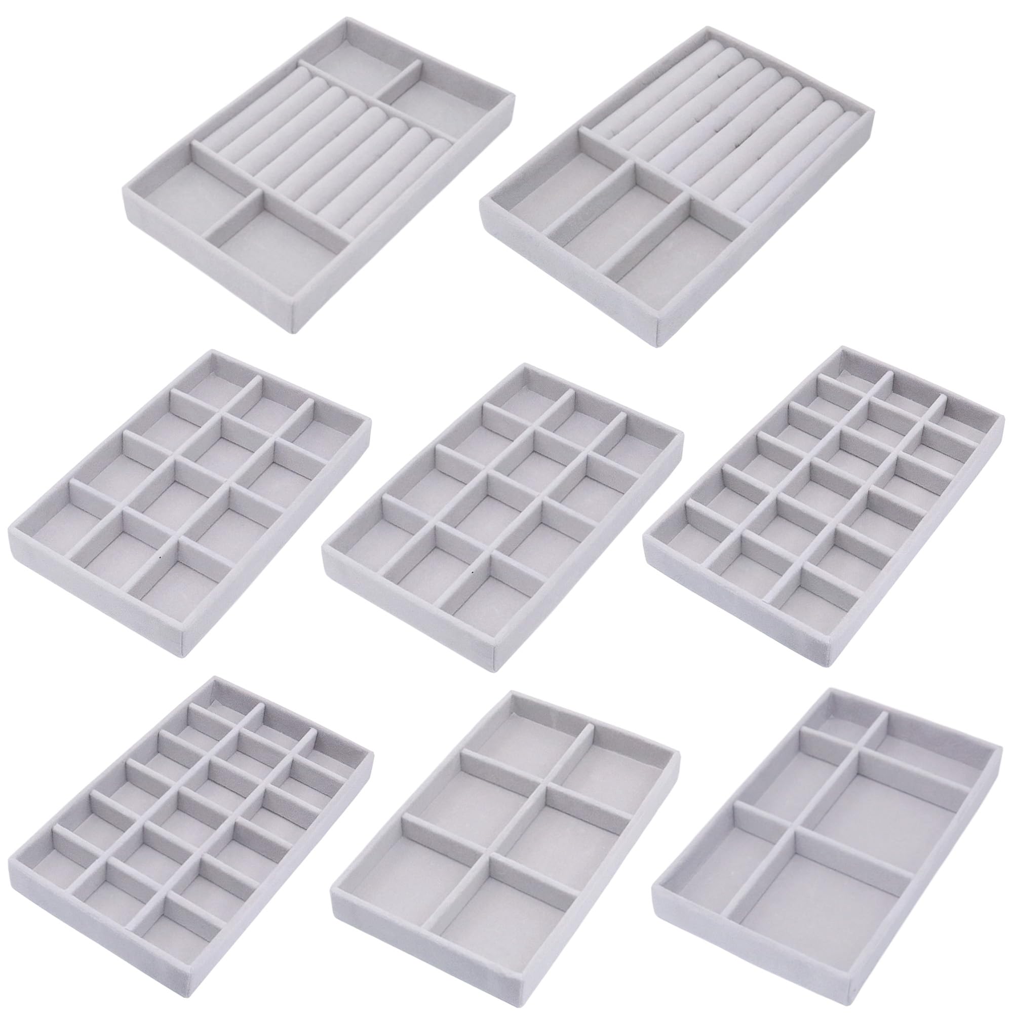 Jewelry Storage 8PACK, Velvet Jewelry Organizer Trays, 4PCS Stackable Jewelry Tray for Drawers, Grey Organizer for Rings, Earrings, Necklaces, Watches, Bracelets, Brooches