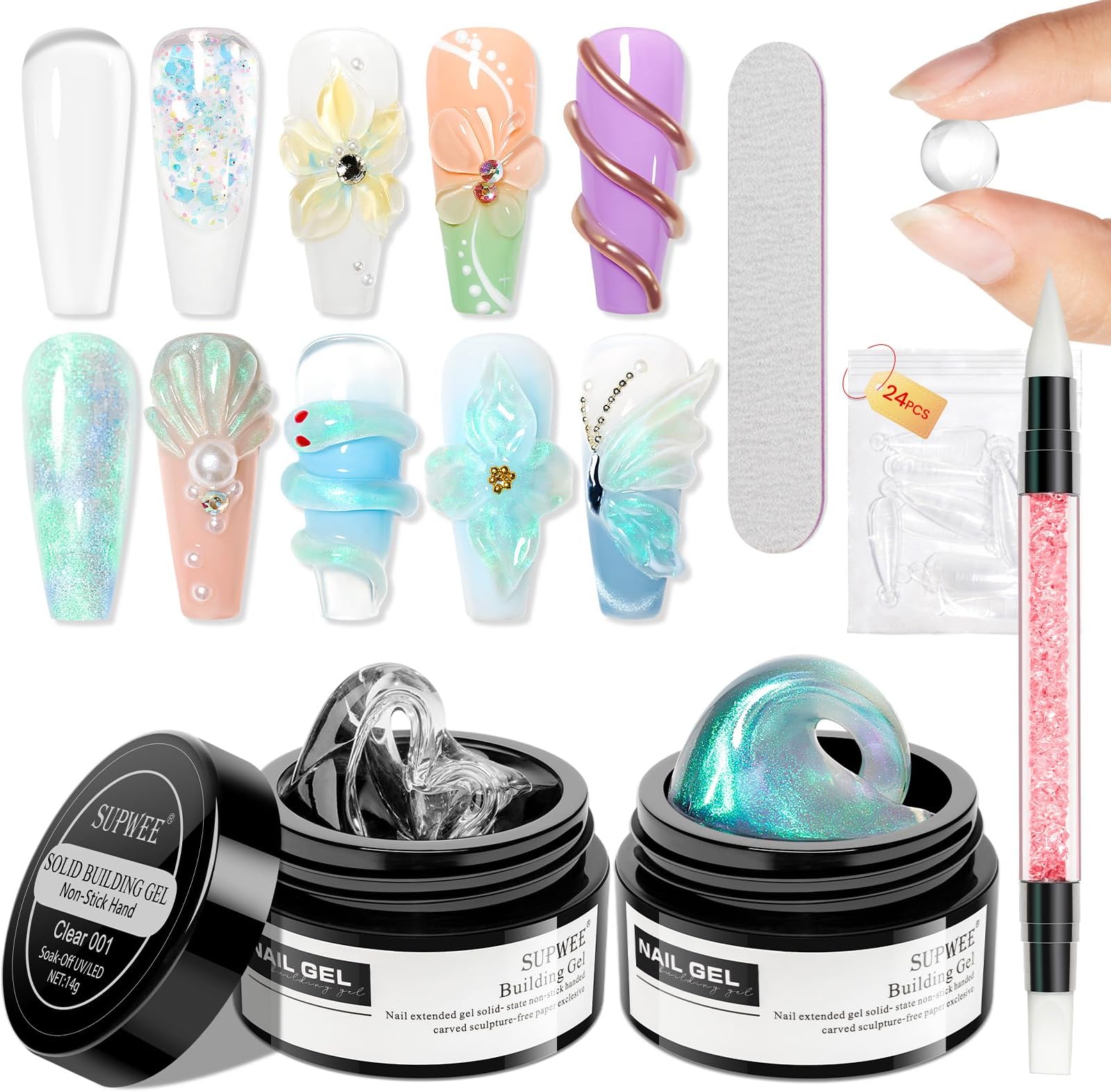Solid Builder Nail Gel – Multifunctional, Non-Stick Building Gel, Transparent, Green Aurora 3D, Gel Sculpture, Nail Art Nail Extension, Nails, Embossing Hard