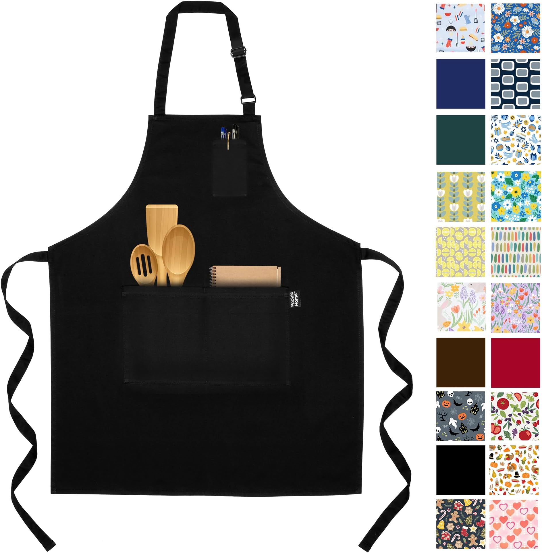 Professional Grade Premium Chef Kitchen Aprons for Cooking with Three Pockets, Water and Stain-Resistant, Machine Washable, Cute Cooking Aprons for Women and Men (Plain, Black)
