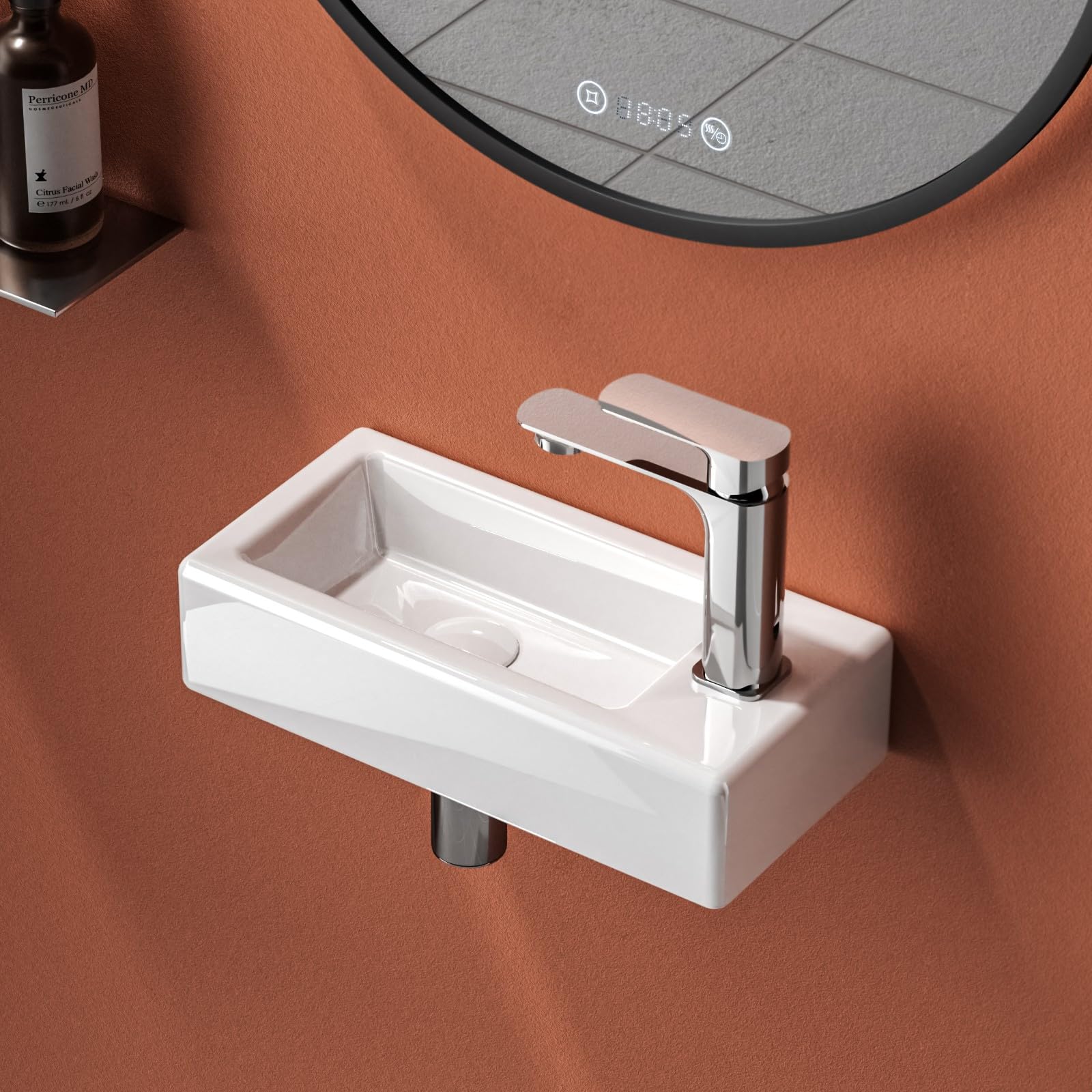 EMKE Wall Mounted Corner Sink Small Cloakroom Basin Rectangular Ceramic Bathroom Vessel Sink White 36 x 18 x 9 cm (LxWxH) - One Left Hand Tap Hole