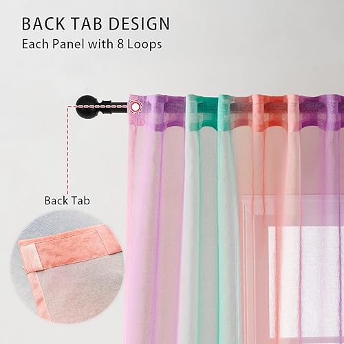 Vista 3 de XiDi Ombre Sheer Curtain Panel Set,Pink Green and Purple Semi Transparent Voile Drapes Short Sheer Curtains for Girls Bedroom Decor,2 Packs 52inch