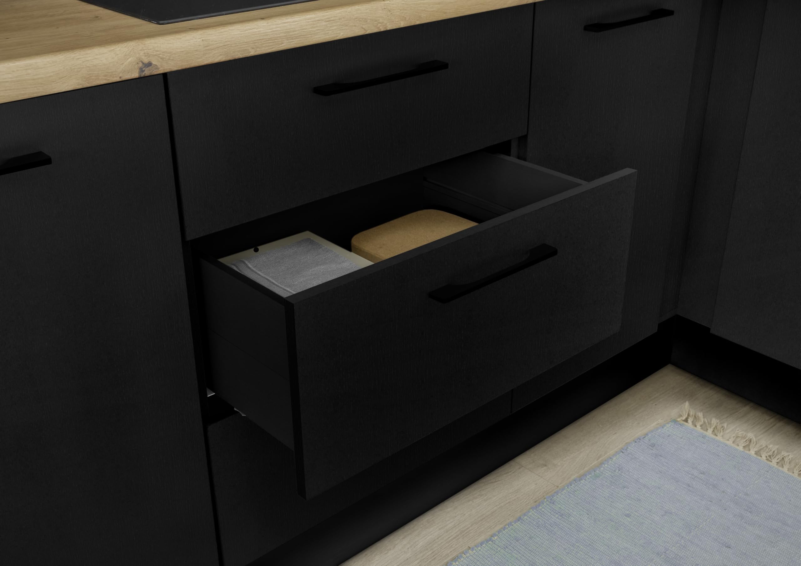 Stella Trading Turin ZBM Küchenzeile 270 x 211 x 60 cm, schwarz - Ohne Küchengeräte - Moderne, geräumige Küche in Artisan-Eiche Optik mit viel Stauraum