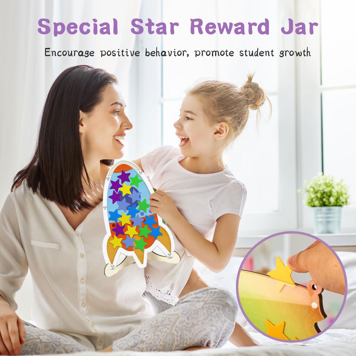 Bocal De Récompense étoiles 54/30 Jetons – Système De Motivation Pour Enfant – Apprentissage Propreté, Classe Et Maison – Bois Et Acrylique, 15x25 Cm