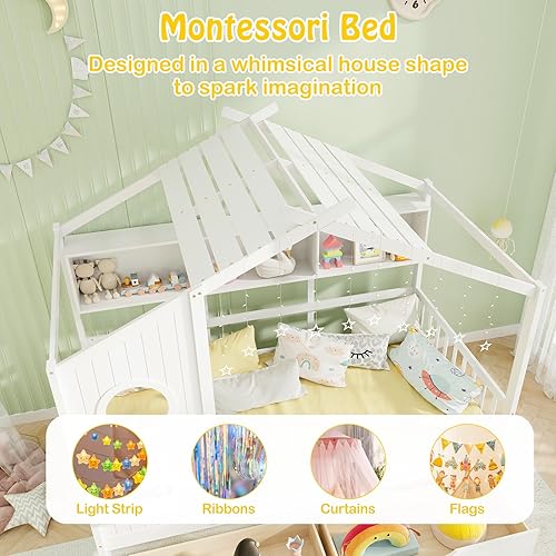 Miniatura 21 de KOMFOTT Cama individual con nido, marco de cama de plataforma de madera maciza, cama para niños con techo para niñas y niños, no necesita somier,