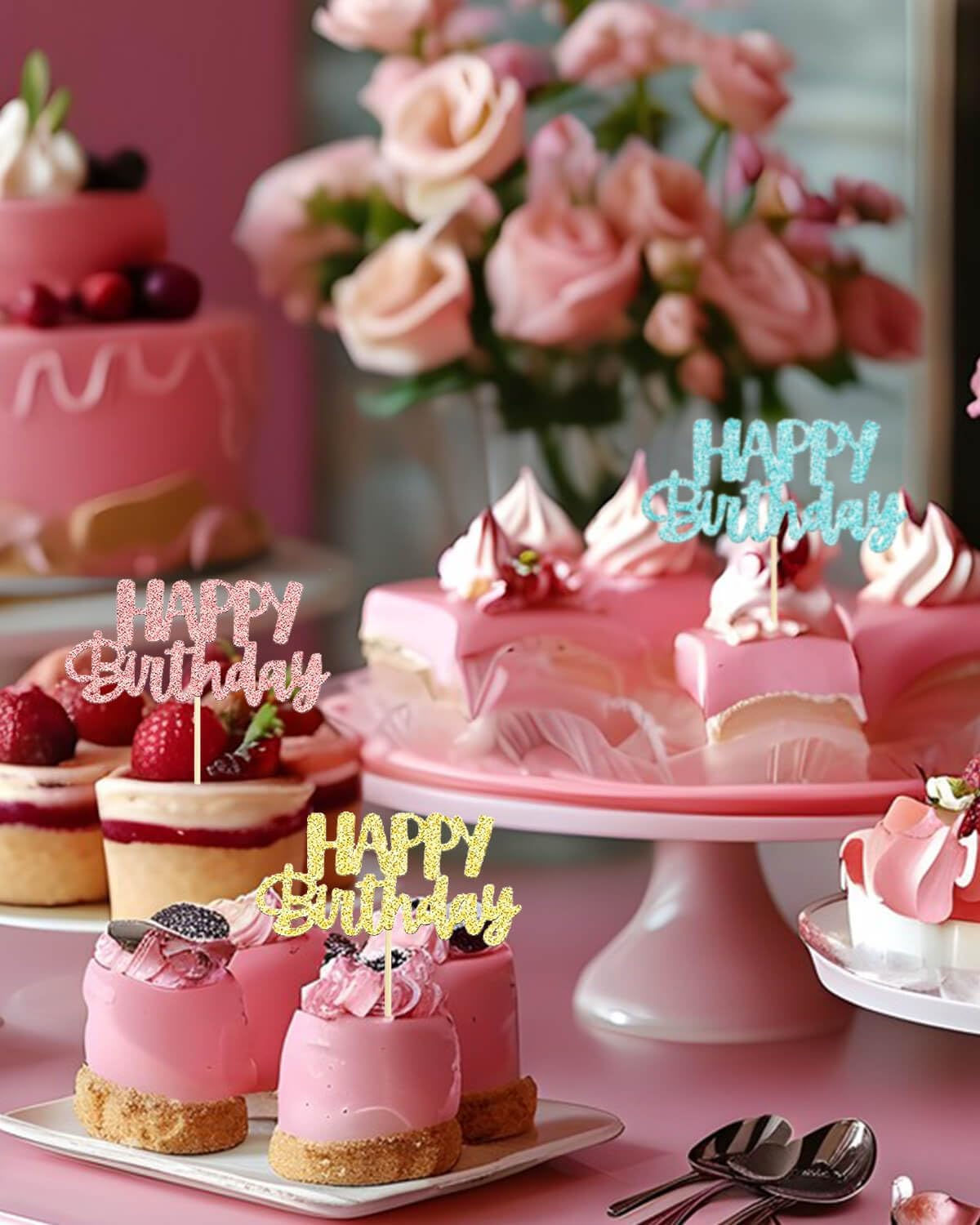 24Pcs Happy Birthday Cupcake Toppers Cupcake Decorations Glitter Birthday Cupcake Food Picks Cake Toppers Sticks For Happy Anniversary Birthday Party Celebration(6 Colors)