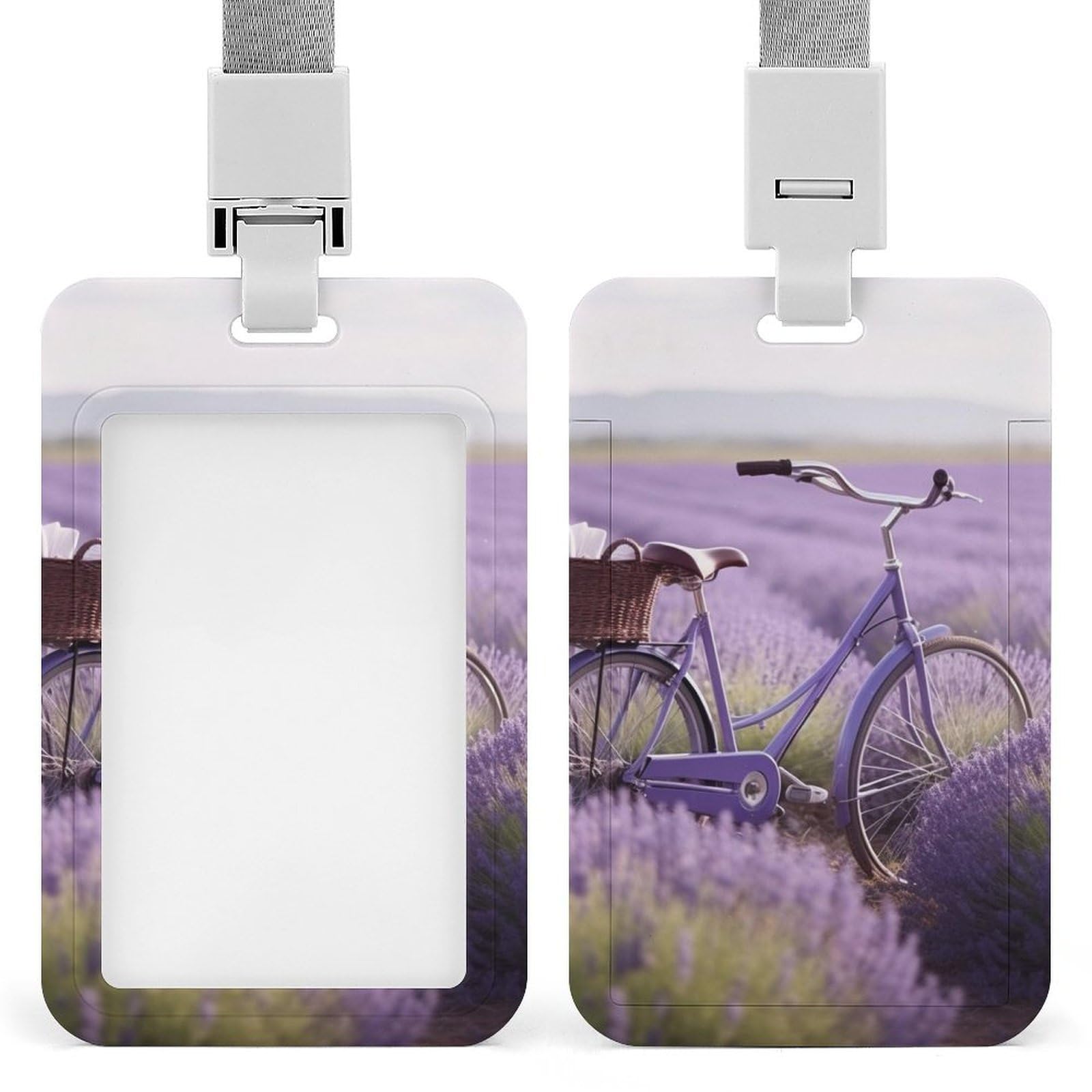ID Card Holders for Lanyard,Lavender Field Bike Printed Badge Holder with Clear Window,Plastic Vertical Bus Pass Holders for Work Teacher Nurse Employees Proximity Key Cards Women Men — image 1