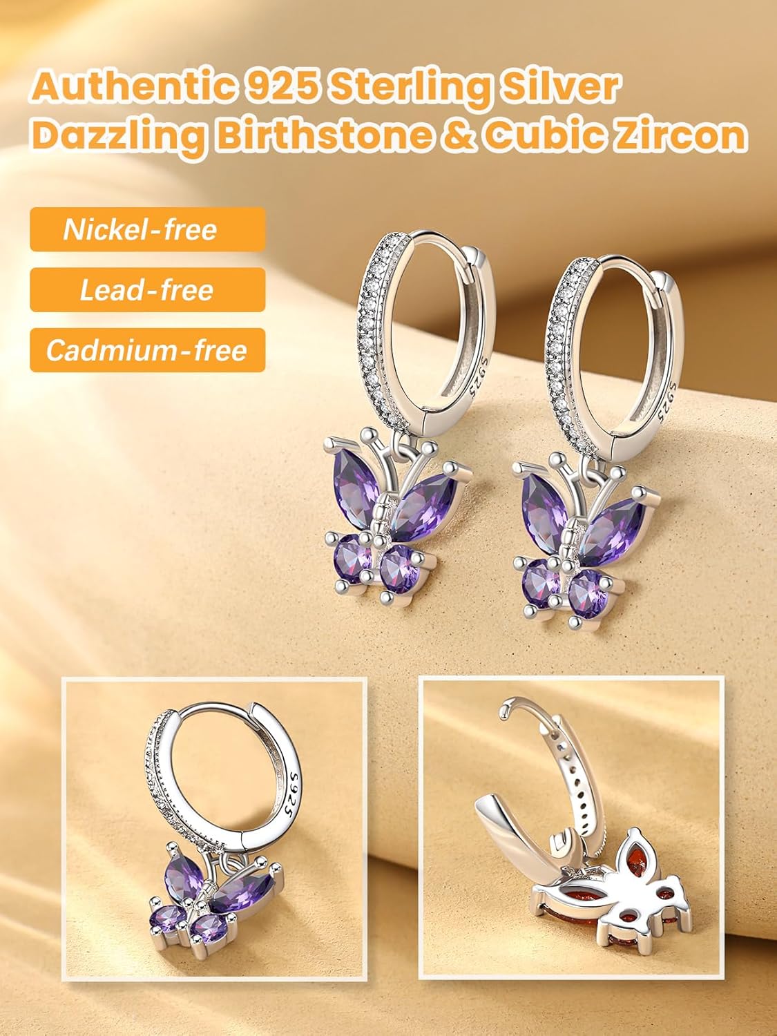 Bestyle Gold Butterfly Earrings for Women, Dainty Cute Birthstone Studs Hypoallergenic Jewelry, Great Birthday Gift