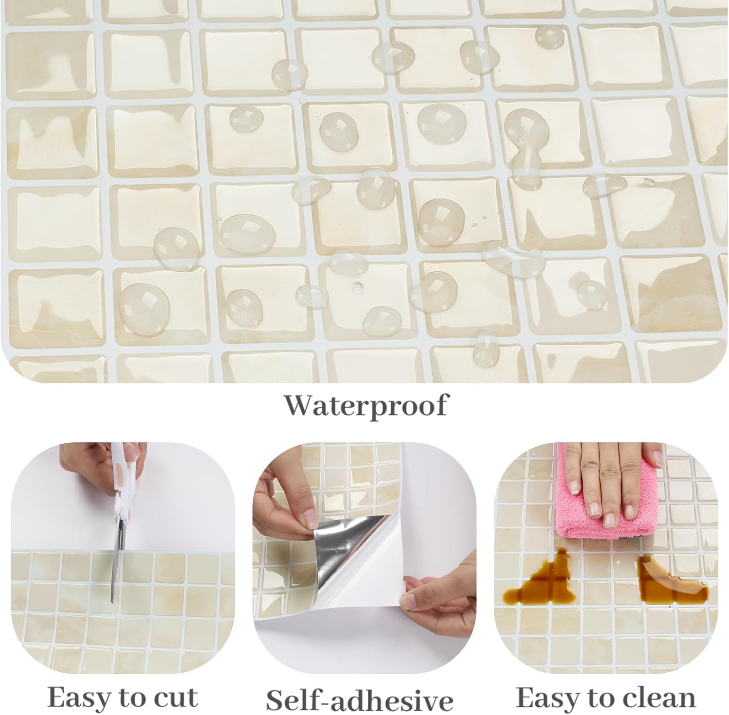 VaryPaper 10 Sheets Cream Beige Mosaic Tiles Peel and Stick Backsplash Waterproof 3D Small Square Back Splash Stick on Tiles for Kitchen Bathroom Self Adhesive Wall Tiles Vinyl Backsplash 12"x12"