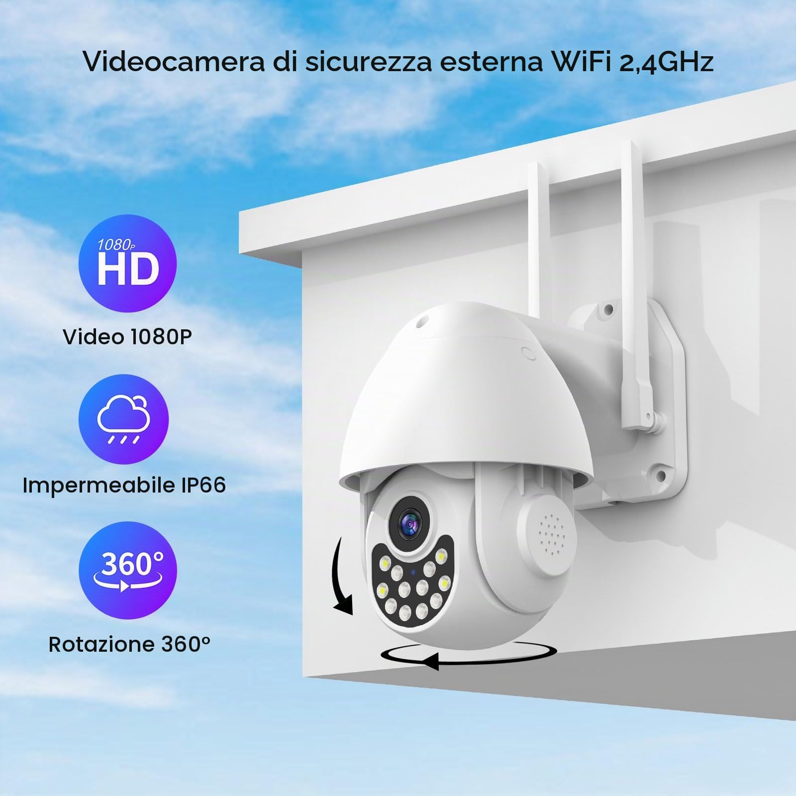 XNY 1080P Telecamera Wi-Fi Esterno 360°, 3MP Telecamera Tuya Smart Life, Visione Notturna, IP66, Tracciamento Automatico del Movimento, Audio Bidirezionale, 32G Scheda Micro SD