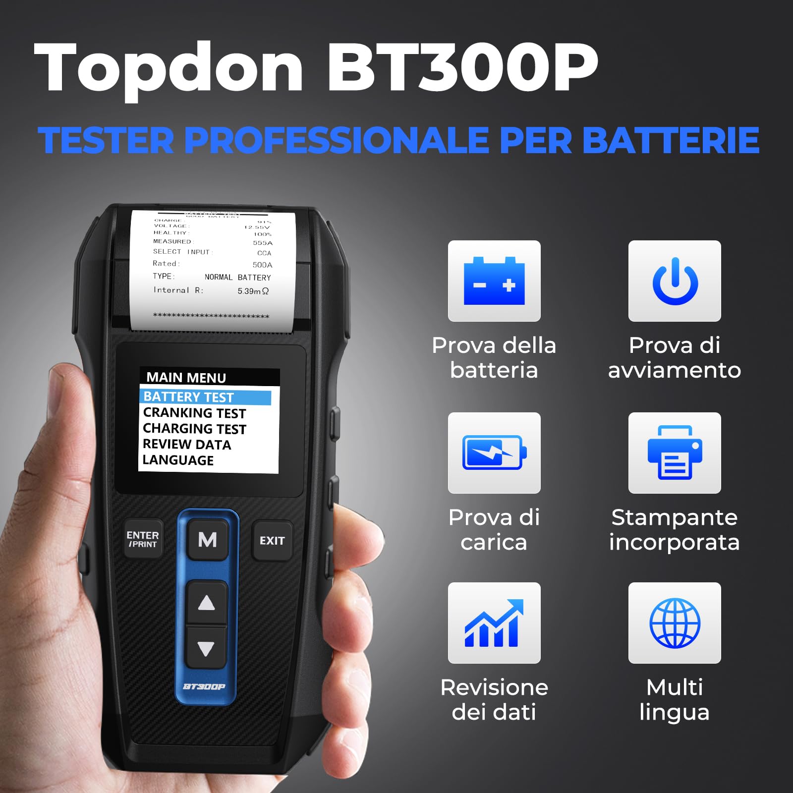 TOPDON Tester Batteria Auto BT300P, 12V 24V 100-2000 CCA Tester per Batterie con Stampante Incorporata, per Test Batterie/Caricabatterie/Sistemi di Ricarica, Adatto per Auto/Solidi/Autocarri Leggeri