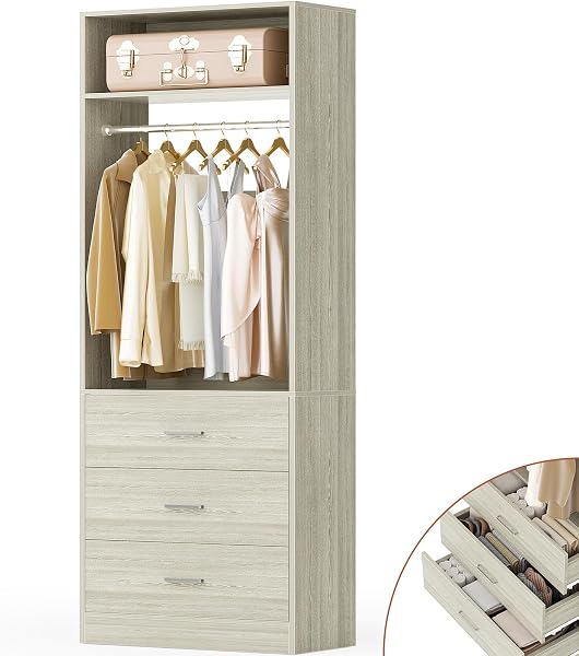 Besiost Freestanding Closet System with 3 Drawers, Wood Closet Organizer