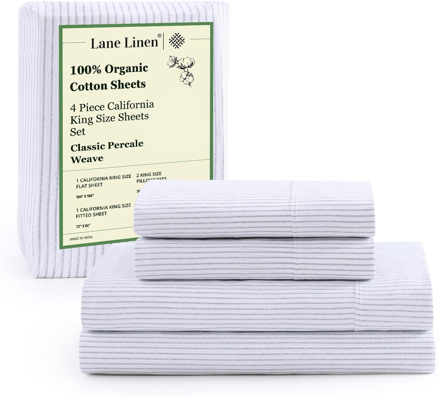 LANE LINEN 100% Organic Cotton Printed California King Sheets Set, 4-Piece All Season Fully Elasticized Deep Pocket Fits Mattress Upto 15", Mercerized Printed Cal King Sheet Set -Ticking Stripe Blue